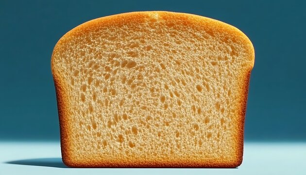 Freshly baked white bread slice with golden crust against bright blue background.