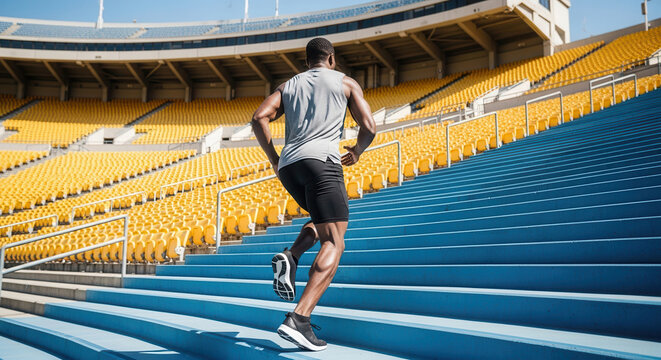 Man running up stadium stairs for fitness