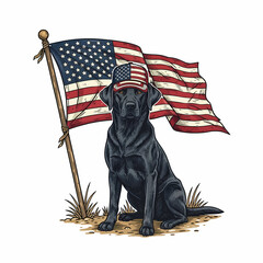 Naklejka premium Patriotic black labrador retriever dog wearing american flag hat sitting in front of us flag