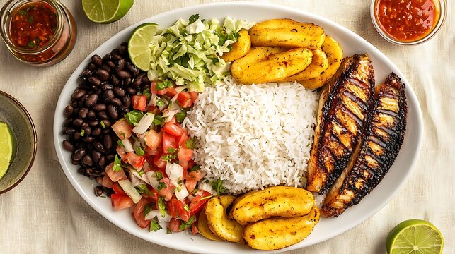 An oval white ceramic platter visually divided into sections with casado, fluffy white rice, cooked black beans, fresh cabbage and tomato salad, golden fried ripe plantain slices