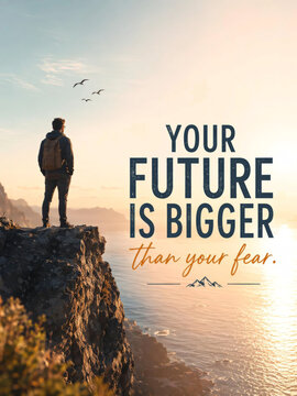 Motivational Quote Poster with Man Standing on Cliff Overlooking Sea