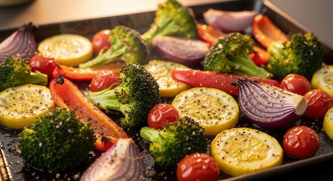 Fresh roasted vegetables on baking sheet close up