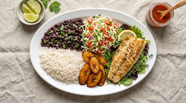 An oval white ceramic platter visually divided into sections with casado, fluffy white rice, cooked black beans, fresh cabbage and tomato salad, golden fried ripe plantain slices