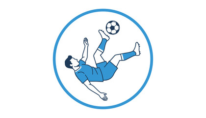 Fototapeta premium Soccer player performing a dramatic bicycle kick inside a circular frame, featuring clean blue and white lines, athletic movement, and professional sports training visual for digital.