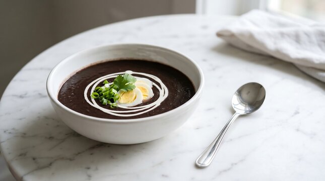 A minimalist white ceramic bowl with sopa negra, smooth, velvety deep dark brown black bean soup, decorated with a swirl of fresh white cream in the center