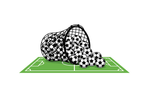 Soccer balls spilling out of a black mesh equipment net onto a green rectangular pitch, isolated on a white background, sports training, team practice, and athletic equipment storage.