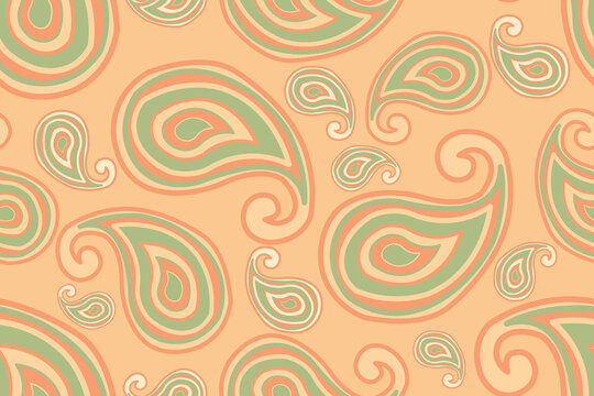 Seamless paisley vector pattern in a 60s and 70s retro groovy style. Featuring abstract teardrop motifs with wavy organic layers in a warm earthy color palette of peach orange, pastel olive green.
