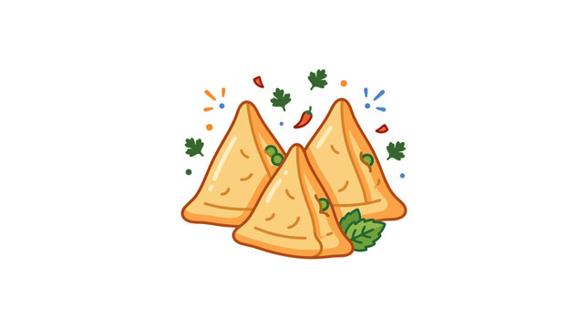 Delicious triangular samosas with herbs and spices illustration