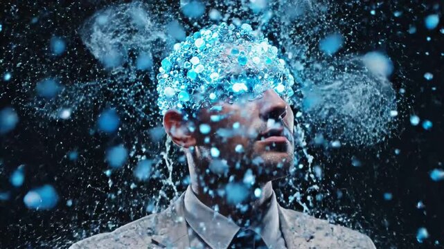 Man faces stormy weather with icy cubes on head outdoors
