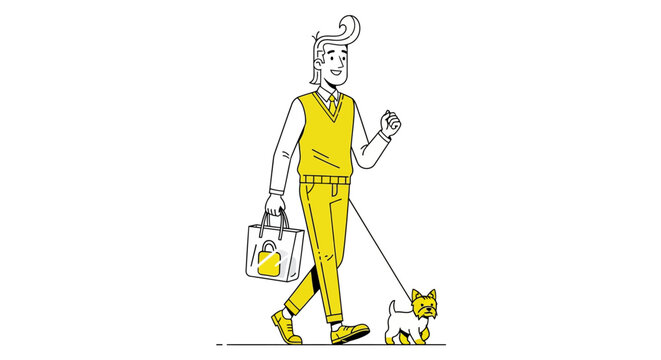 Woman walking a cat on a leash illustration.