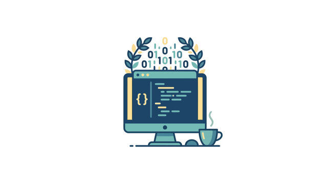 Modern Computer Screen with Programming Code and Digital Data Flow