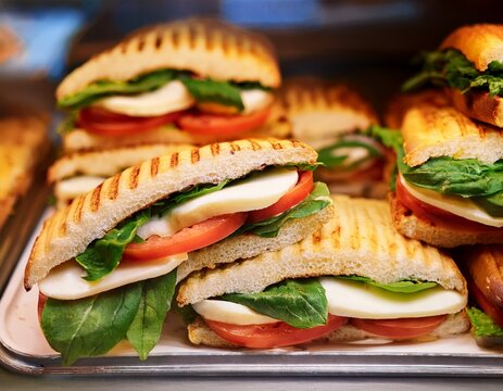 closeup of fresh display of stacked pile of panini bread mozzarella melted cheese vegetarian italian tomatoes basil lettuce in store shop cafe buffet catering sandwiches