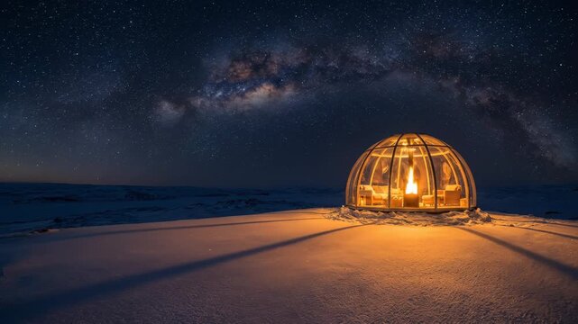 Glass Igloo Under Starry Milky Way: Arctic Luxury Exploration