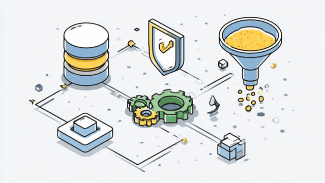 Illustration of digital data storage security with shield lock gears funnel and cloud computing icons in isometric style