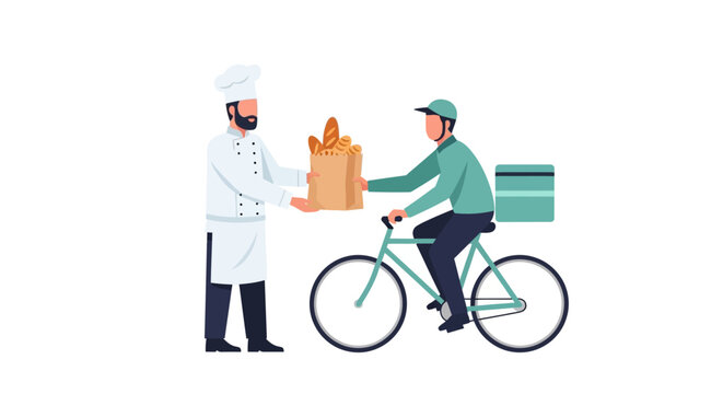 Baker Giving Fresh Baguette Bread Bag to Bicycle Delivery Courier, Flat Vector Illustration of Online Food Order and Local Business Service
