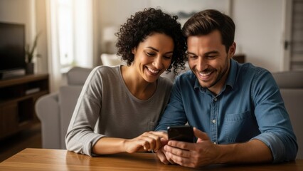 Obraz premium Couple Smiling Looking at Smartphone at Home