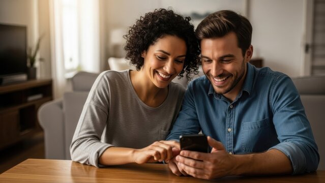 Couple Smiling Looking at Smartphone at Home