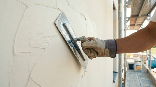 Professional hand applying cement mortar or decorative render to a building facade, showcasing the skilled process of plastering a wall during new construction or home improvement