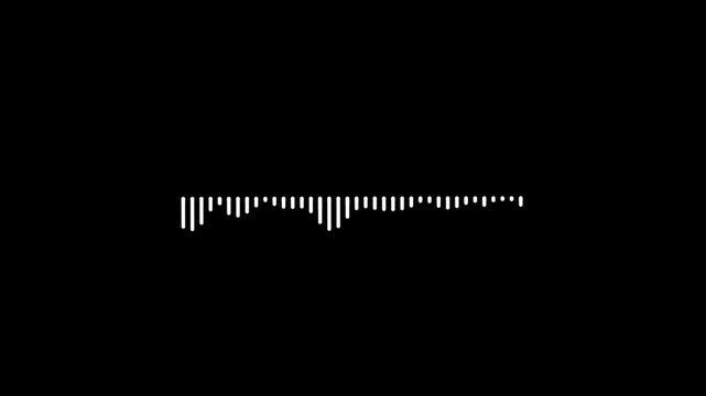 Dynamic audio waveform spectrum animation on black background, music equalizer frequency visualization, white soundwave motion, digital recording interface, seamless 4K