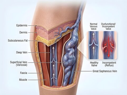 Varicose Veins Anatomy with Healthy and Damaged Incompetent Venous Valve