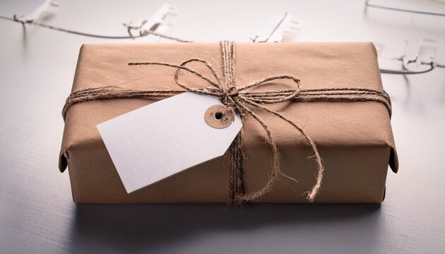 gift box wrapped in craft paper tied rope with label
