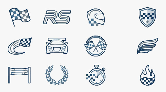 Professional Racing and Motorsport Iconography Collection Featuring Checkered Flags Speed Symbols and Victory Emblems