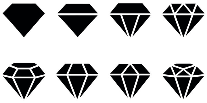 Set of eight black diamond icons showing progressive facet cutting styles on white background.