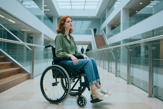 Young adult Caucasian woman with disability sitting in wheelchair in modern office corridor, representing workplace accessibility and inclusion. Wide shot, ideal for HR, DEI, corporate policy