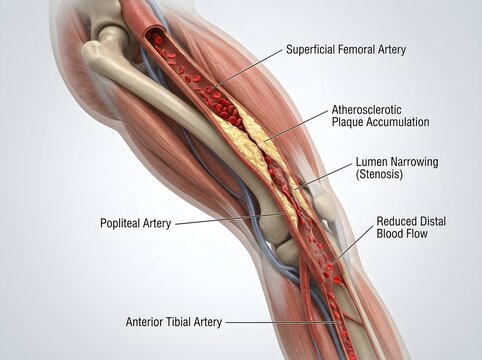 Peripheral Artery Disease inside Leg with Atherosclerotic Plaque and Stenosis