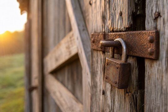 A weathered rusty hasp and padlock on a rustic barn door.