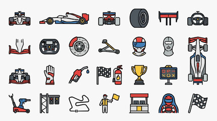 Naklejka premium Modern Racing Icons Comprehensive Collection of Formula and Motorsport Elements with high professional line art symbols for modern creative design and digital branding projects