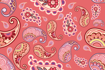 Fototapeta premium Seamless paisley vector pattern in an ornate vintage bohemian style. Featuring elegant teardrop motifs and fine lines. The vibrant color palette consists of coral pink, purple, yellow, and cream. 