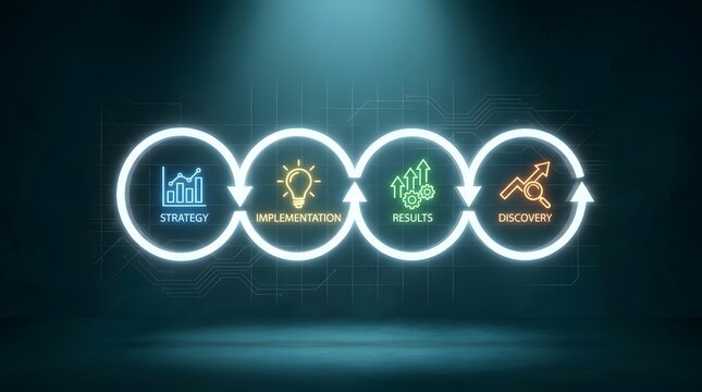 Business process cycle with strategy implementation results discovery icons