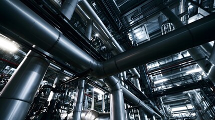 Fototapeta premium Structured industrial facility featuring cool metal tones and technical details conveying a powerful and modern technical mood