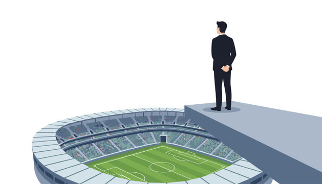 Businessman in a suit standing on a high diving board overlooking a large empty soccer stadium, strategic vision and high-stakes decision making.