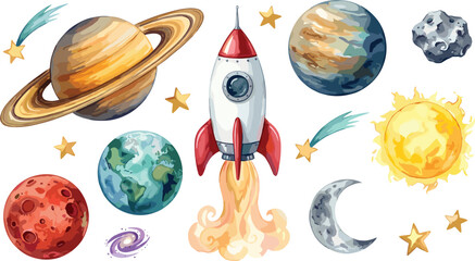 Outer Space Watercolor Element Set with Rocket Ship Launch Planets Saturn Earth Mars Sun Moon and Stars for Kids Education Vector Designs © Rownok
