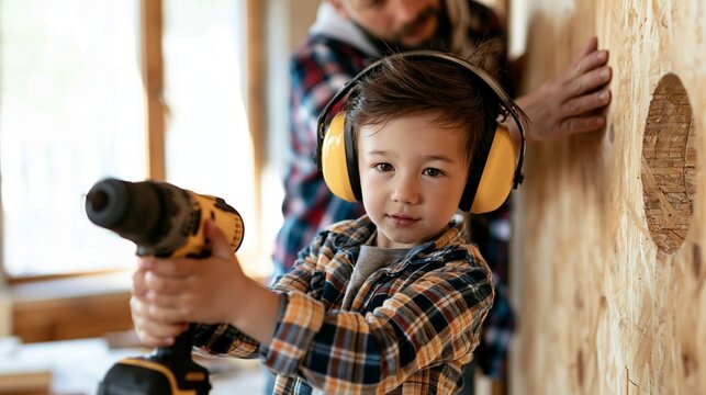 Young boy learning drilling with adult guidance, wearing protective earmuffs, developing home improvement skills