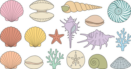 Tropical Sea Shell and Marine Life Line Art Icon Set with Pastel Starfish Coral and Sand Dollar Drawings for Beach Tourism Summer Branding and Vector Patterns © Rownok