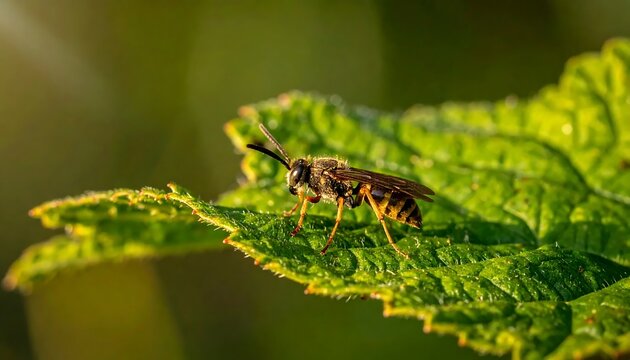 Small Striped Insect Resting on Green Leaf in Warm Natural Light
