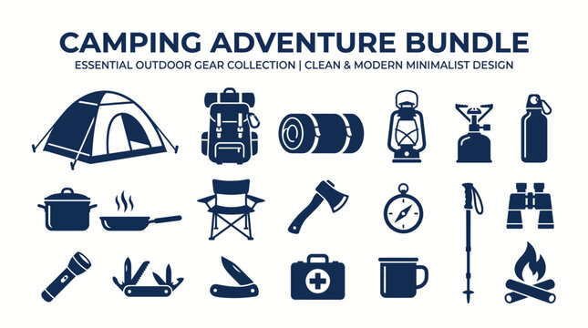 Camping gear and outdoor equipment icons.