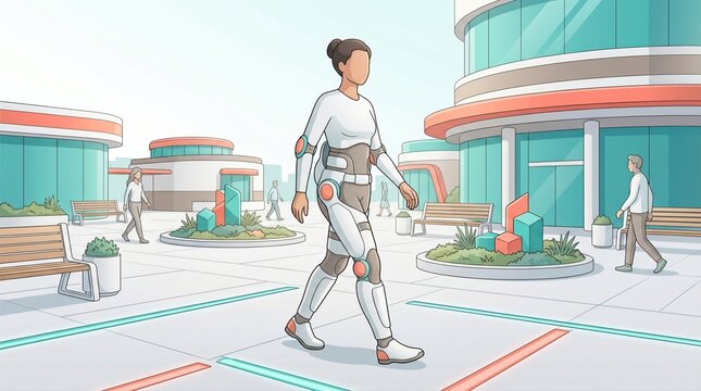 Mobility exosuit assisting pedestrian in adaptive city square concept