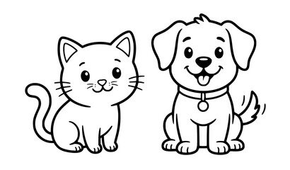 Naklejka premium Cat and dog coloring page vector with cute cartoon pet characters