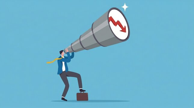Businessman Looking Through Telescope Seeing Falling Economic Trend

