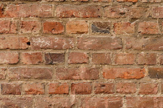 Close up view of a distressed vintage red brick wall background