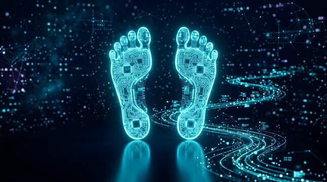 Digital footprint concept with glowing circuit board footprints