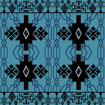 Geometric Ethnic Textile Seamless Pattern in Blue Tones