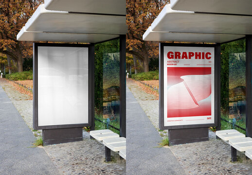 Mockup Of Customized Vertical Sign On Bus Stop