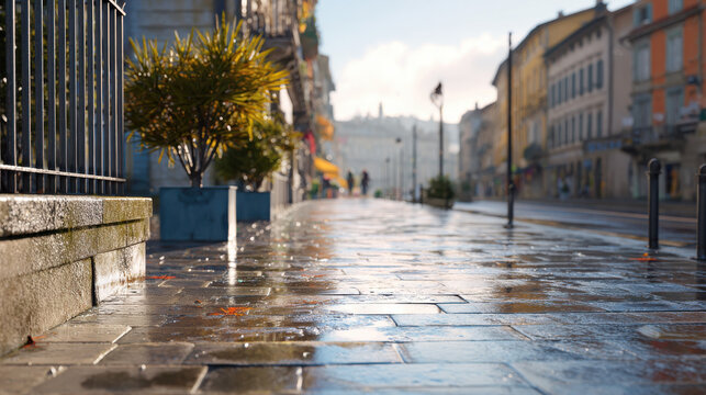 Wet terracotta street with mineral reflections creates aesthetic urban scene quiet city with potted plants and historic