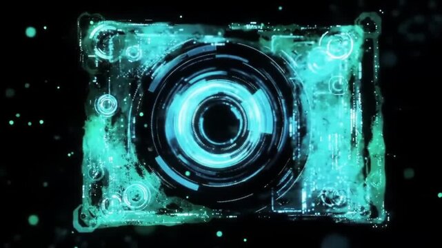 Futuristic blue holographic cube glowing on dark background.