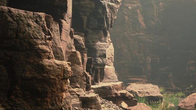 Sunlight shines through a narrow canyon highlighting tall rock formations. The scene shows layers of stone and patches of green grass at the base. Shadows create contrast on the rocks.